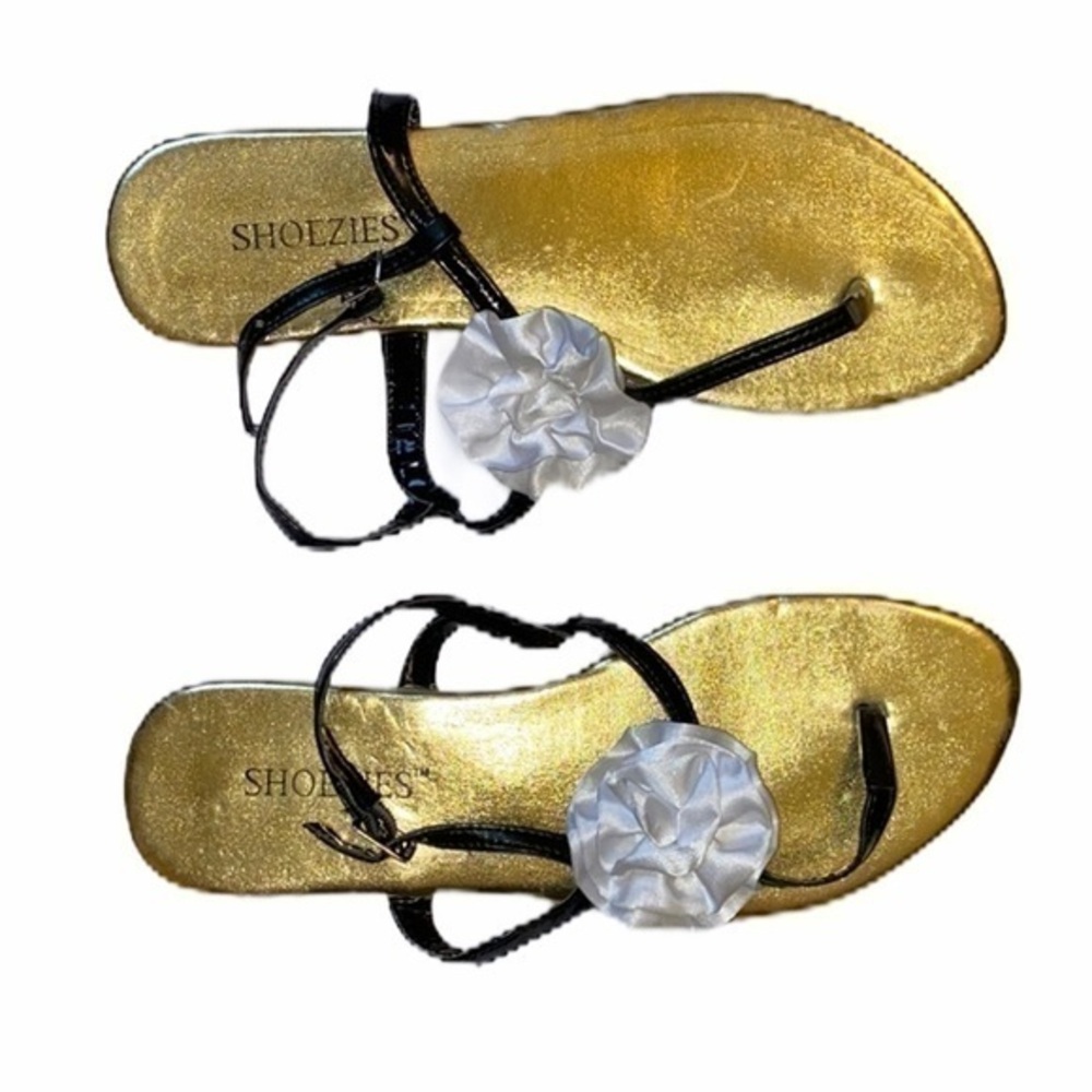Shoezies gold/black ankle strap white flowers